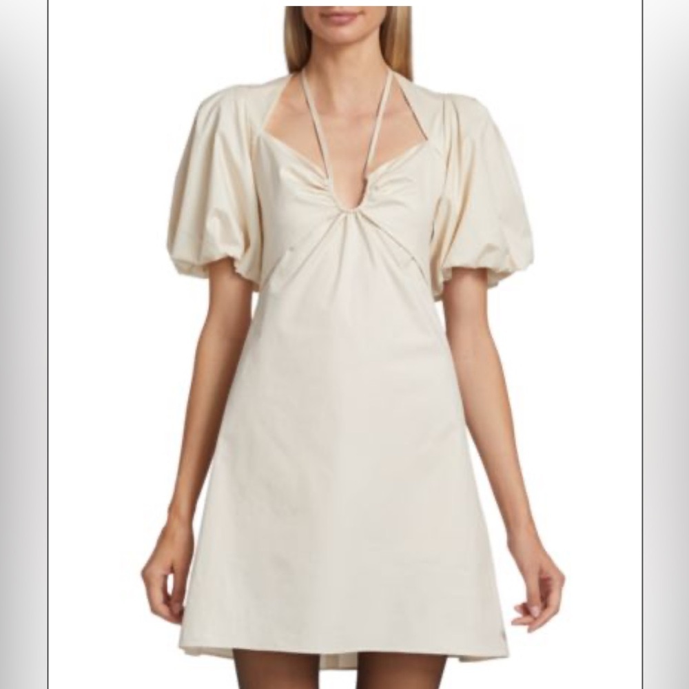 FRAME Off White Tie Neck Puff Sleeve Mini Dress Minimalist Soft Neutral XS - Picture 1 of 7